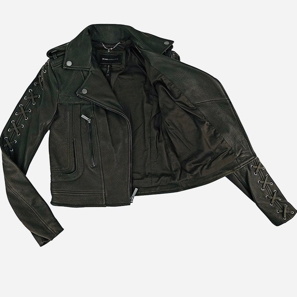BCBG Max Azria Isa Olive Green Leather Jacket L - Picture 3 of 7
